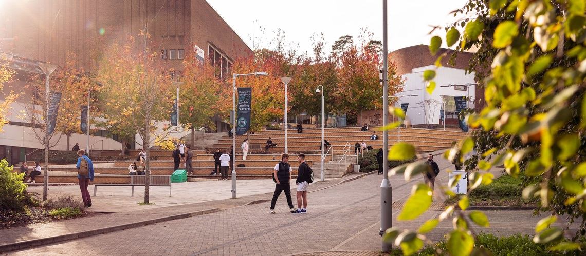 Blue sky and clouds on a fresh autumn morning on Forum Hill, in front of the Forum Building.