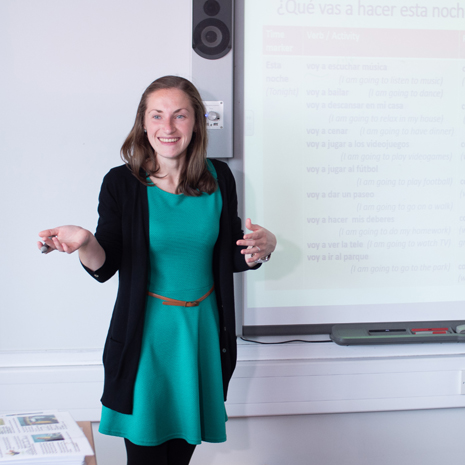 Becky at the front of a classroom