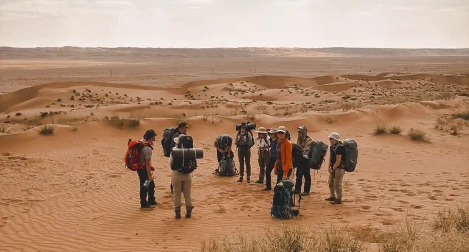 Group of Extreme Medicine students wearing backpacks and expedition gear in a desert landscape