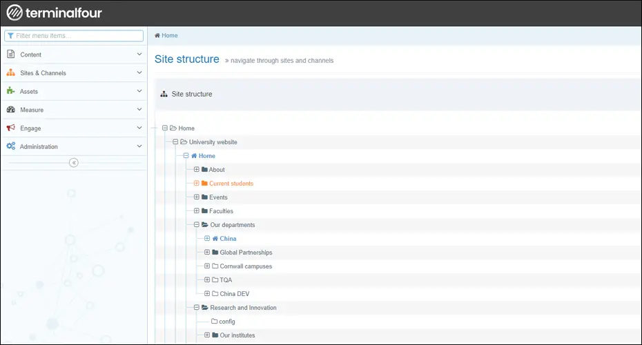 Screen grab of the site structure of the University's CMS, T4.